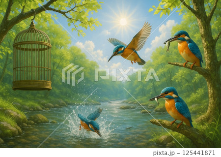 カワセミと若葉に新緑 木の枝に鳥籠 カワセミと若葉に新緑 木の枝に鳥籠 125441871