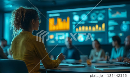 presentation on digital transformation with marketing KPIs on screen, business audience engaged 125442336