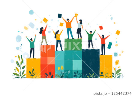 simplified vector showing teamwork building brand awareness across channels 125442374