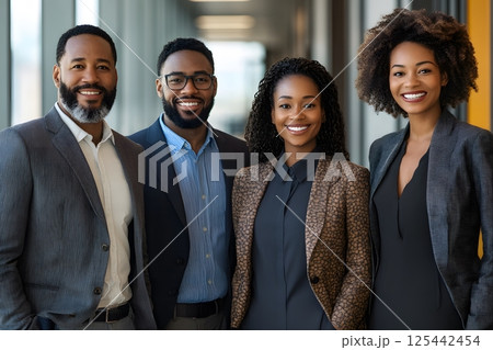 Group of professionals standing confidently in corporate office hallway 125442454
