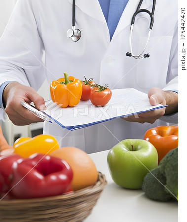 A healthcare professional explaining healthy lifestyle choices to a patient, clear and informative visuals, 125442470