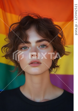 portrait of confident non-binary person with bold makeup and rainbow flag behind 125442521