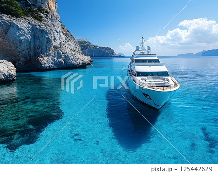 luxury yacht cruising along the coastline with clear blue waters and sunshine 125442629