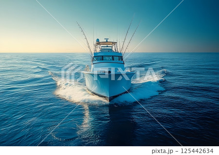 fishing boat on the ocean, with fishing rods in the water and a clear sky 125442634