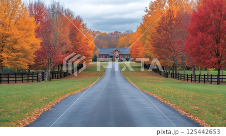 fall scenery along a country road, trees with brilliant autumn foliage lining the path 125442653