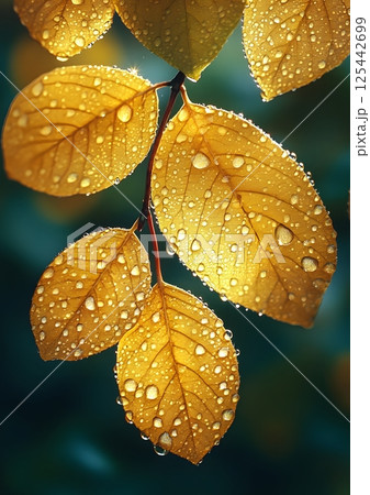 morning dew on bright spring leaves, soft sunlight creating a golden glow 125442699