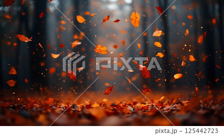 autumn forest with vibrant orange, red, and yellow leaves falling from trees, peaceful atmosphere 125442723