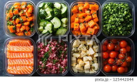 top view of meal prep containers with clean food 125442844