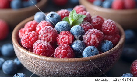 macro shot of chia pudding with berries 125442845