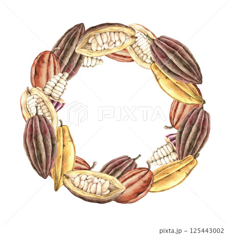 Cacao tree, brown, orange and yellow fruits, whole and halves with seeds. Hand drawn watercolor round wreath of fruits. Suitable for chocolate branding, food packaging design, organic products. Cacao tree, brown, orange and yellow fruits, whole and halves with seeds. Hand drawn watercolor round wreath of fruits. Suitable for chocolate branding, food packaging design, organic products. 125443002