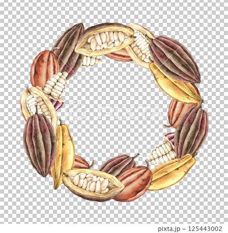 Cacao tree, brown, orange and yellow fruits, whole and halves with seeds. Hand drawn watercolor round wreath of fruits. Suitable for chocolate branding, food packaging design, organic products. Cacao tree, brown, orange and yellow fruits, whole and halves with seeds. Hand drawn watercolor round wreath of fruits. Suitable for chocolate branding, food packaging design, organic products. 125443002