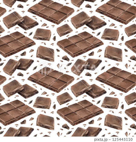 Milk or bitter dark chocolate bars, slices and small pieces. Watercolor seamless pattern on white background, suitable for cafe menu, packaging, branding, culinary blogs and cozy winter designs. Milk or bitter dark chocolate bars, slices and small pieces. Watercolor seamless pattern on white background, suitable for cafe menu, packaging, branding, culinary blogs and cozy winter designs. 125443110