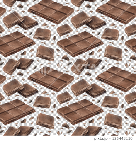 Milk or bitter dark chocolate bars, slices and small pieces. Watercolor seamless pattern on white background, suitable for cafe menu, packaging, branding, culinary blogs and cozy winter designs. Milk or bitter dark chocolate bars, slices and small pieces. Watercolor seamless pattern on white background, suitable for cafe menu, packaging, branding, culinary blogs and cozy winter designs. 125443110