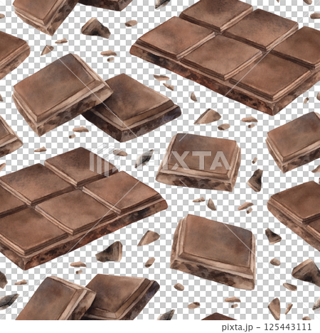 Milk or bitter dark chocolate bars, slices and small pieces. Watercolor seamless pattern on white background, suitable for cafe menu, packaging, branding, culinary blogs and cozy winter designs. 125443111