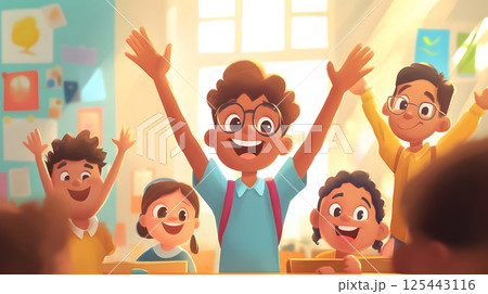 cartoon style kids in classroom raising hands, smiling teacher, playful vibe cartoon style kids in classroom raising hands, smiling teacher, playful vibe 125443116