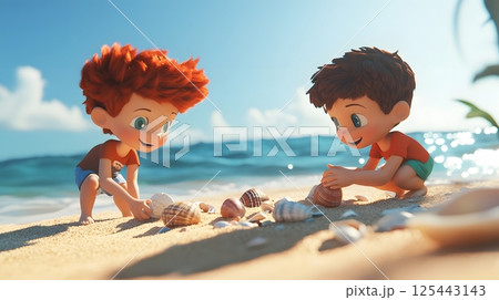 3D kids collecting seashells along the shoreline, sandy beach, playful expressions 125443143