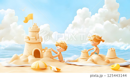3D children building sandcastles near the waves, bright and fun summer atmosphere 3D children building sandcastles near the waves, bright and fun summer atmosphere 125443144