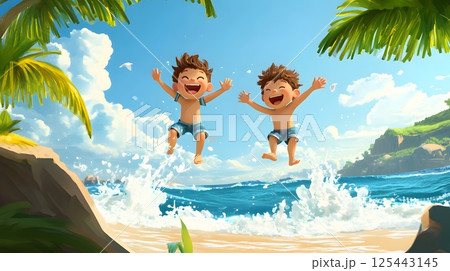 3D kids jumping over waves with joy, barefoot fun, tropical beach setting 3D kids jumping over waves with joy, barefoot fun, tropical beach setting 125443145