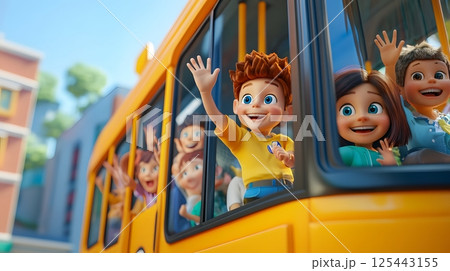 3D children waving from a bus window in a busy street scene 3D children waving from a bus window in a busy street scene 125443155