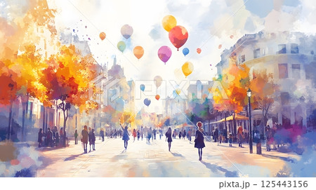 watercolor children flying balloons in a city square, buildings softly outlined watercolor children flying balloons in a city square, buildings softly outlined 125443156