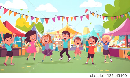 cartoon style children dancing at a street festival, food stalls and music cartoon style children dancing at a street festival, food stalls and music 125443160