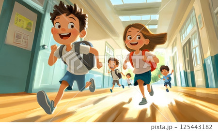 cartoon kids running in the school hallway, fun and energetic cartoon kids running in the school hallway, fun and energetic 125443182