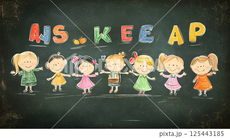 cartoon children learning ABCs in class, blackboard and teacher character 125443185