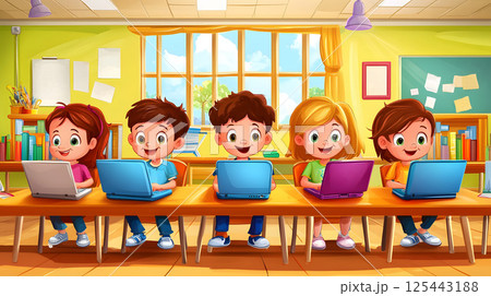 cartoon children using laptops in a colorful classroom cartoon children using laptops in a colorful classroom 125443188
