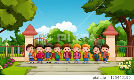 cartoon children lining up with backpacks at school gate 125443190