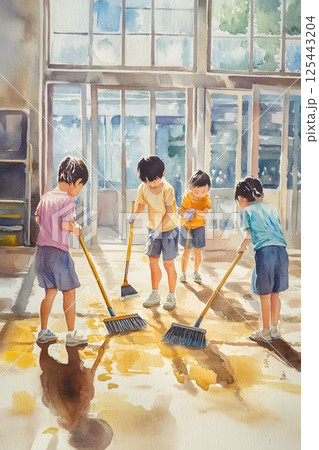 watercolor children sweeping and cleaning the classroom watercolor children sweeping and cleaning the classroom 125443204