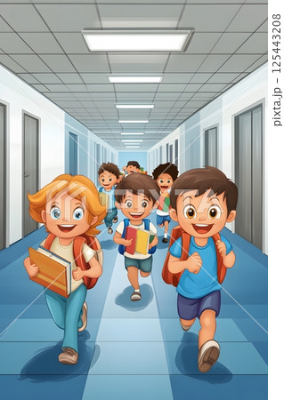 cartoon children running in hallway with books and backpacks 125443208