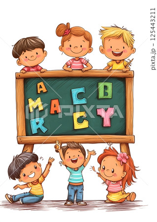cartoon kids learning ABCs from blackboard in fun class cartoon kids learning ABCs from blackboard in fun class 125443211