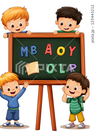 cartoon kids learning ABCs from blackboard in fun class cartoon kids learning ABCs from blackboard in fun class 125443212