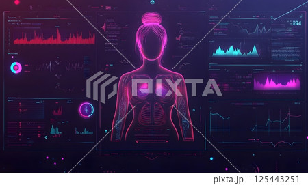 futuristic wellness dashboard with avatar showing live health metrics, neon tones 125443251