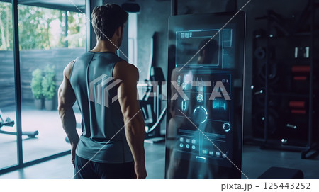 AI personal trainer guiding workout on smart mirror, modern home gym 125443252