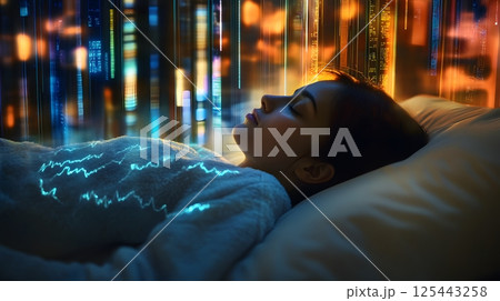 sleep tracking results floating as data overlay above sleeping adult 125443258