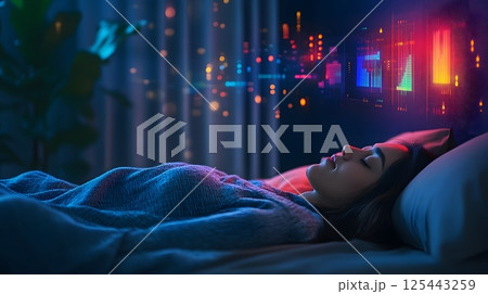 sleep tracking results floating as data overlay above sleeping adult 125443259