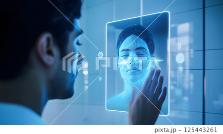 smart bathroom mirror scanning skin and suggesting care routine via AI 125443261