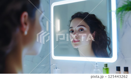 smart bathroom mirror scanning skin and suggesting care routine via AI 125443262