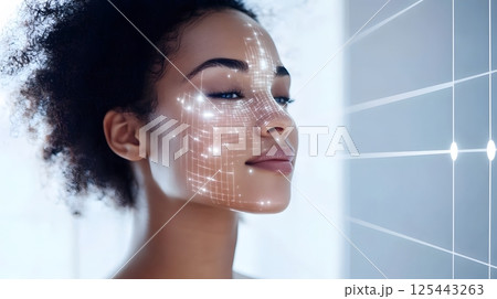 smart bathroom mirror scanning skin and suggesting care routine via AI 125443263