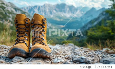 A pair of hiking boots on a rocky trail with a breathtaking mountain view in the distance 125443264