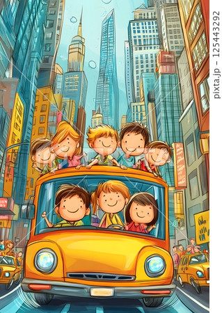 cartoon children taking bus ride through city for school activity cartoon children taking bus ride through city for school activity 125443292
