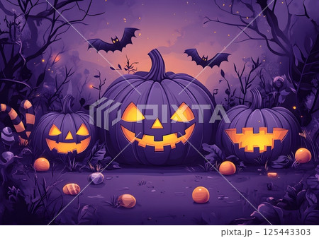Halloween banner with pumpkins, bats, and candy, bright cartoon style 125443303