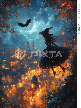 witch and black cat flying over a cartoon village, magical Halloween night 125443307
