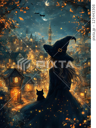 witch and black cat flying over a cartoon village, magical Halloween night 125443308