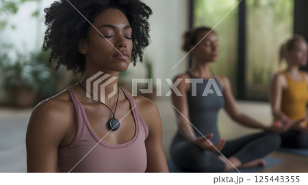 group of people doing yoga while using posture feedback wearables 125443355