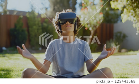 teenager relaxing in backyard with neural headset tracking meditation 125443369