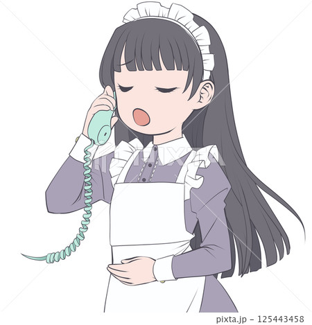 受話器を持って話す黒髪のメイド・呆れる 受話器を持って話す黒髪のメイド・呆れる 125443458