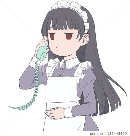 受話器を持って話す黒髪のメイド・口を尖らせる 受話器を持って話す黒髪のメイド・口を尖らせる 125443459