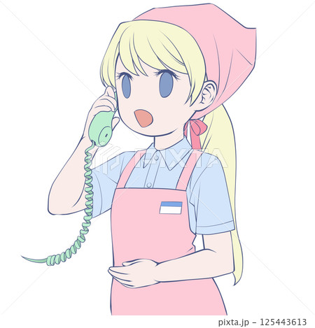 受話器を持って話す金髪の女性店員・笑顔 受話器を持って話す金髪の女性店員・笑顔 125443613